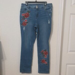 Inc Women's Boyfriend Floral Embroidered Studded Distressed Blue Jeans Size 12R